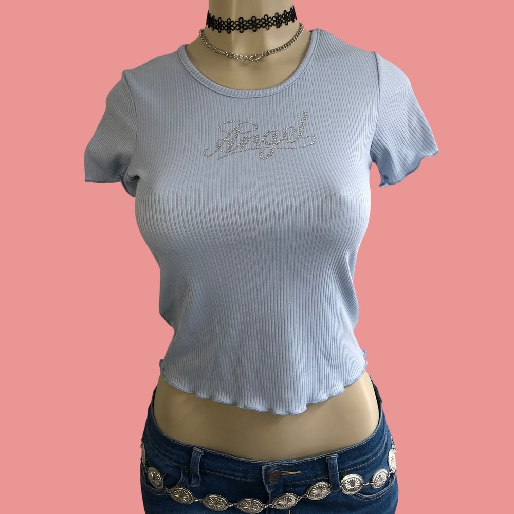 Vintage Y2K Rhinestone Angel Baby Tee Top Blue Lettuce Trim Womens XS S Girls 14